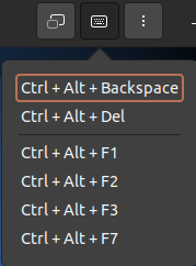 Menu dos atalhos de teclado exibindo as opções na vertical iniciando com Ctrl + Alt + Backspace, Del, F1, F2, F3 e F7, respectivamente.