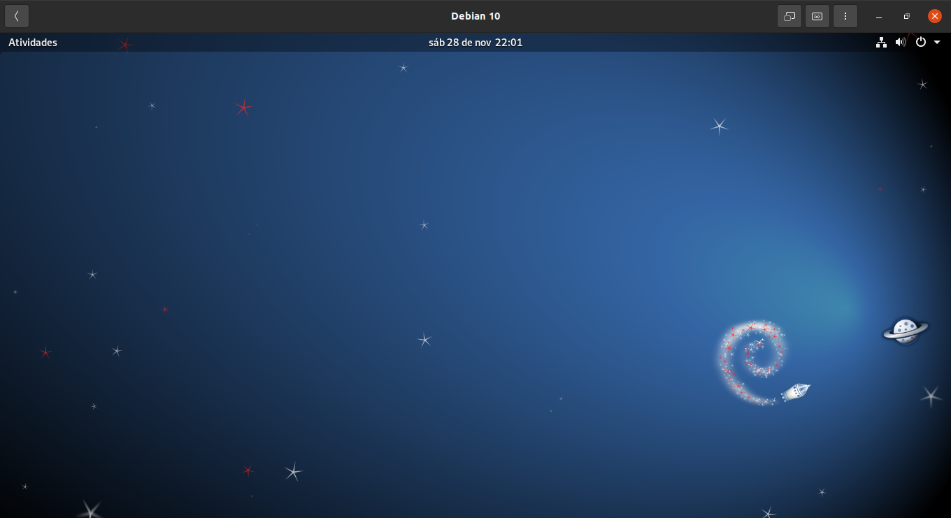 Janela com a máquina virtual rodando o Debian 10 (exibindo a área de trabalho)