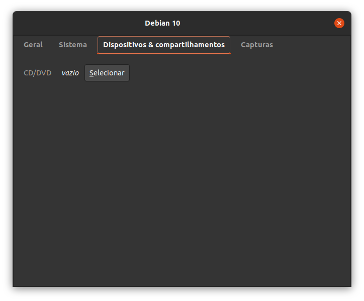 Exibindo a janela adicional do menu propriedades com as abas superiores Geral, Sistema, Dispositivos e compartilhamentos e Capturas. A aba Dispositivos e compartilhamentos está selecionada. Logo abaixo há um botão para selecionar uma imagem de CD/DVD